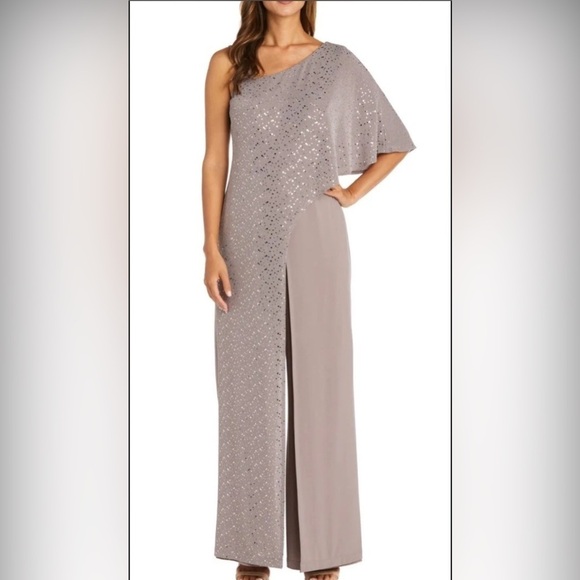 R & M Richards Pants - R & M Richards  Embroidered Sequin One Shoulder Short Sleeve Jumpsuit